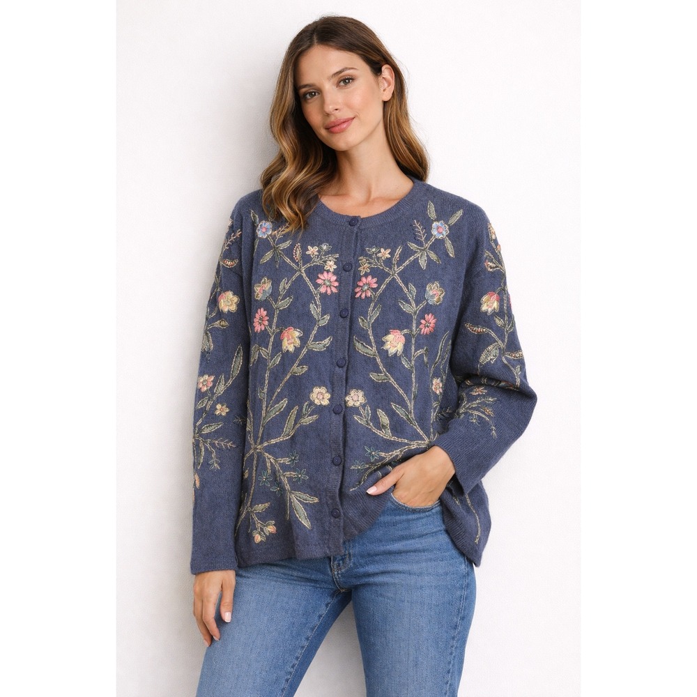 Nicole Summers Floral Embroidered Cardigan Sweater Blue Linen Cotton Blend XL